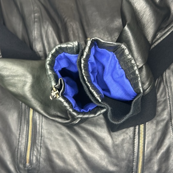 Trouvé black leather moto jacket with blue quilted inside L - Picture 7 of 12